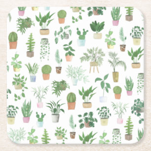 Plantita House Planten and Pots Pattern Vierkante Kartonnen Onderzetter