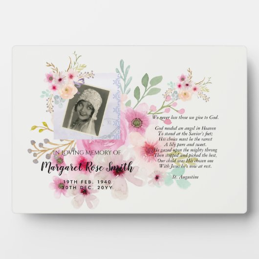 Plaque commémorative avec PHOTO et Flore Verse (Devant)