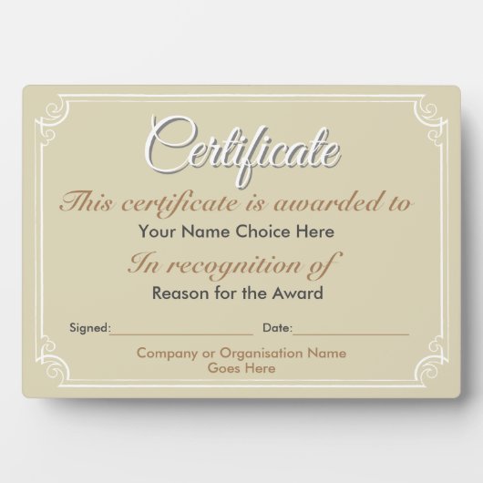 Plaque d'attribution de certificat (Devant)