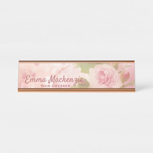 Plaque de bureau avec roses roses pour nom de post (Devant)