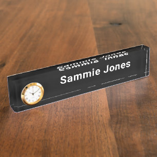 Plaque de bureau en acrylique noir avec horloge Mo