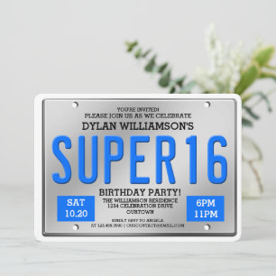 Plaque de licence bleue Super 16 Invitations de pa