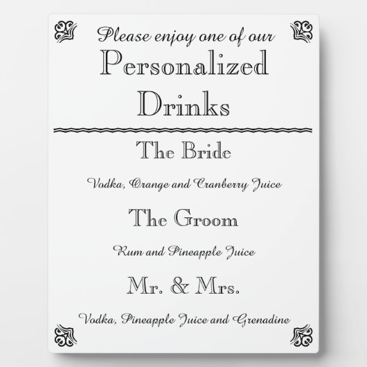 Plaque de menu de la barre mariage (Devant)