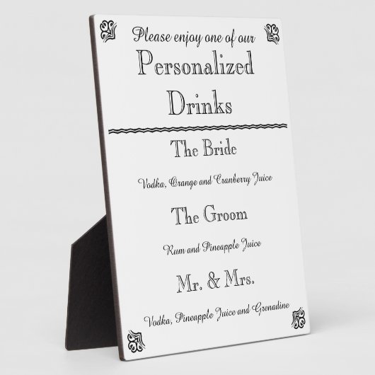 Plaque de menu de la barre mariage (Côté)