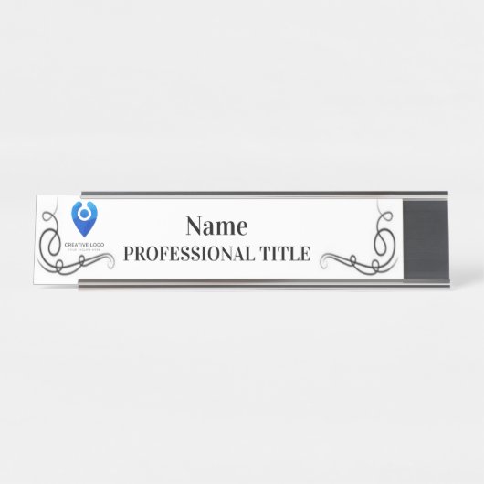 Plaque de nom argenté du bureau avec logo et sloga (Devant)