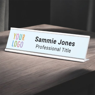 Plaque de nom de bureau bleu clair 2x8 avec logo d