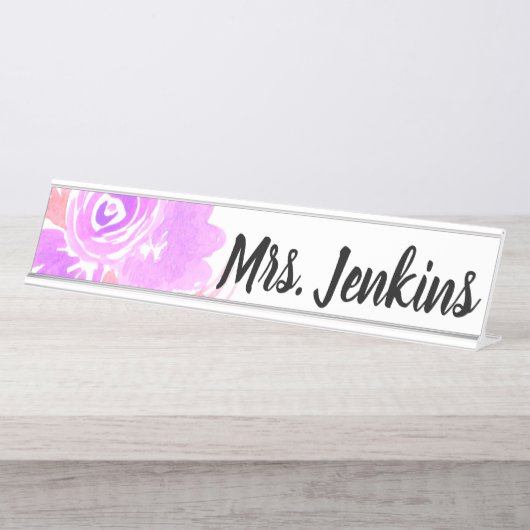 Plaque de nom de bureau en aquarelle rose florale  (Devant)