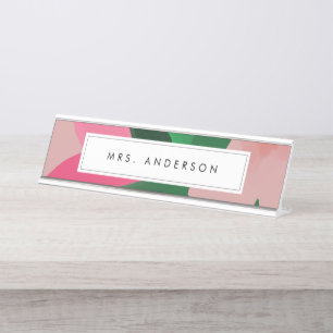 Plaque de nom de bureau rose et vert Floral