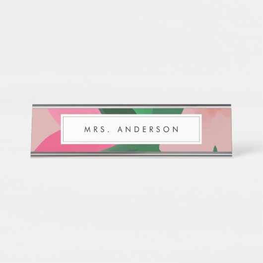 Plaque de nom de bureau rose et vert Floral (Devant)