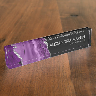 Plaque de nom en marbre d'agate violet noir argent