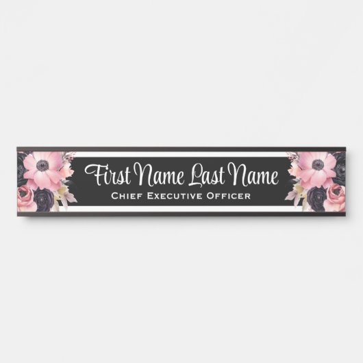 Plaque de porte de bureau à fleurs rose noir avec  (Devant)