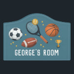 Plaque De Porte Garçons Bleu Couteau Football Soccer Sports Enfant<br><div class="desc">Ce joli panneau de porte pour garçons sur le thème du sport comprend un basket-ball, football, raquette de tennis, ballon de football et trophée, et peut être personnalisé avec votre nom de garçon. Parfait pour l'espace ou les enfants amateurs de sport. Décor parfait pour une chambre pour enfants, une salle...</div>