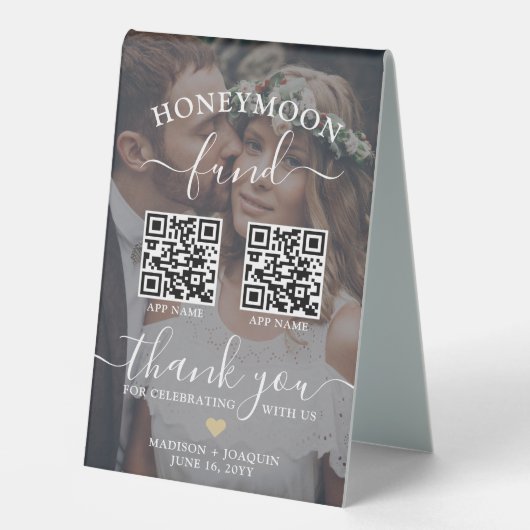 Plaque De Table 4 QR Codes 2 Photo Mobile App Honeymoon Fund (Recto)