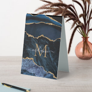 Plaque De Table Agate Marine Blue Gold Gemstone Marble Nom du mono