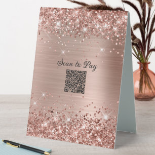 Plaque De Table Analyser pour payer QR Code Glitter Rose Gold Glam