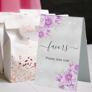 Plaque De Table Anniversaire argent rose violet fleurs faveurs