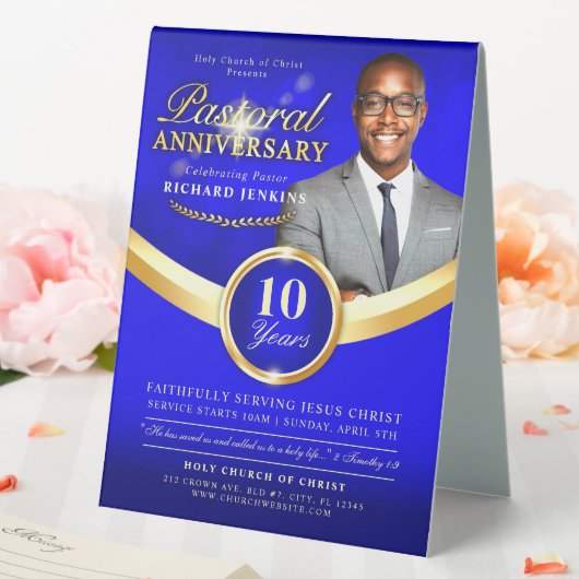 Plaque De Table Anniversaire pastoral Bleu & Gold Church (In SItu (Mariage))