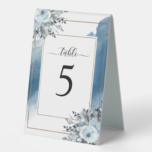 Plaque De Table Aquarelle bleue avec Floral bleu, Numéro Mariage (Recto)