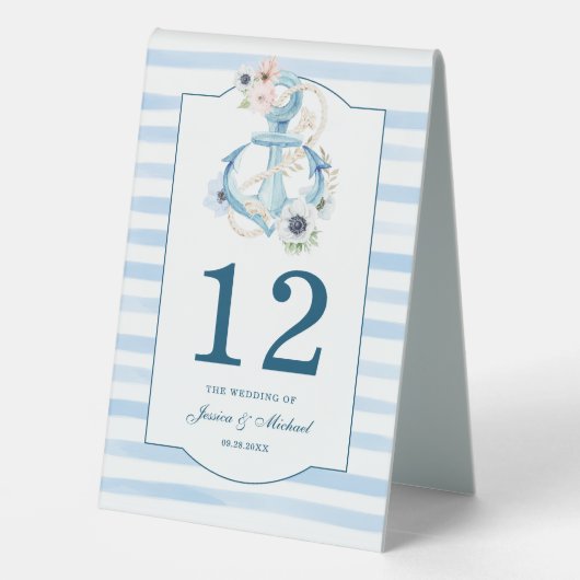 Plaque De Table Aquarelle Florale Ancre Bleu Mariage (Verso)