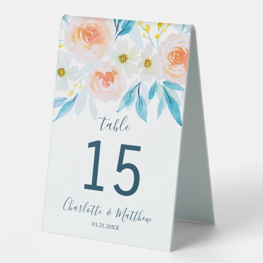 Plaque De Table Aquarelle moderne Floral Numéro Mariage (Recto)