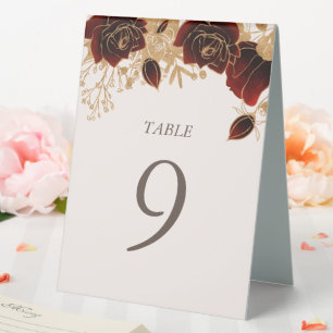 Plaque De Table Aquarelle Or Rouge Roses Numéro