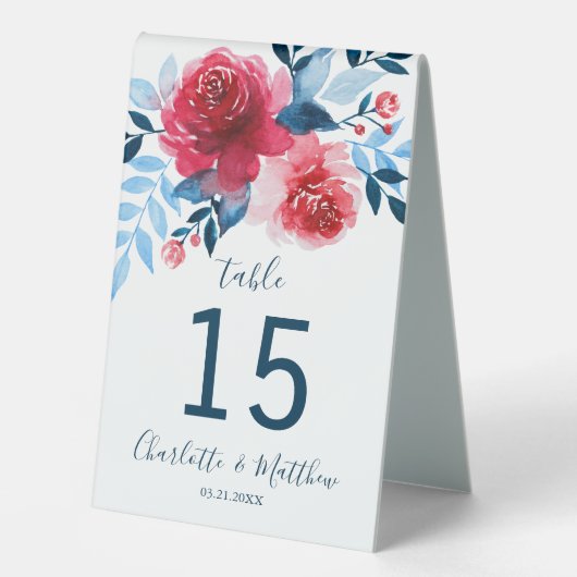 Plaque De Table Aquarelle personnalisée Numéro de Mariage Floral (Recto)