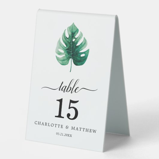Plaque De Table Aquarelle tropicale simple Mariage vert botanique (Recto)