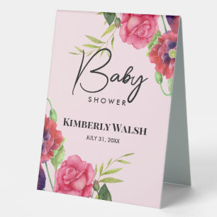 Plaque De Table Baby shower Fleurs rouges roses modernes sur rose