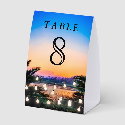 Plaque De Table Beach Sunset String Lights Wedding Table Number (Verso)