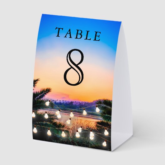 Plaque De Table Beach Sunset String Lights Wedding Table Number (Recto)