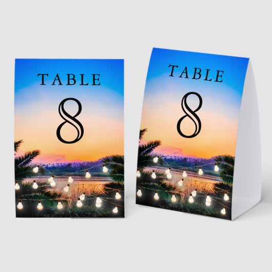 Plaque De Table Beach Sunset String Lights Wedding Table Number (Recto/verso)