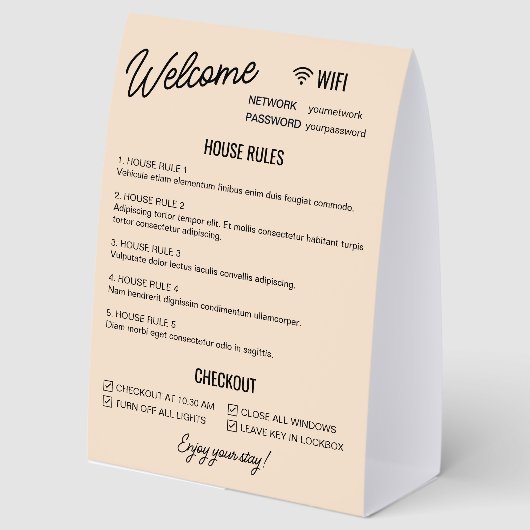 Plaque De Table Beige Black Vacation Rental Wifi Rules Information (Recto)