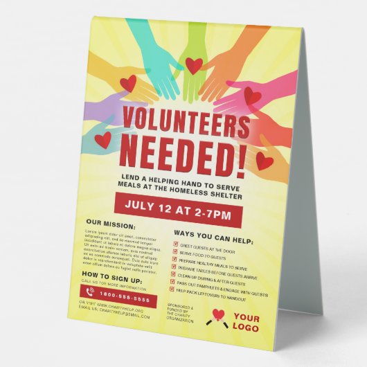Plaque De Table Bénévoles requis Organismes de bienfaisance Mains (Verso)