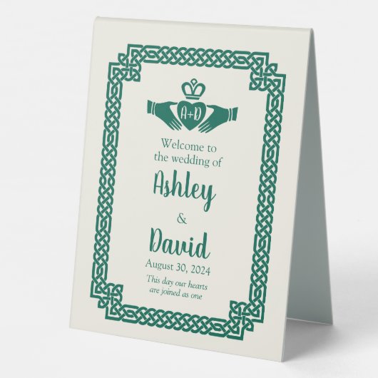 Plaque De Table Bienvenue Mariage Nœud Celtique Claddagh Vert Emer (Verso)
