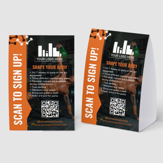 Plaque De Table Black Orange Dumbbells Sign Up Gym Membership (Recto/verso)