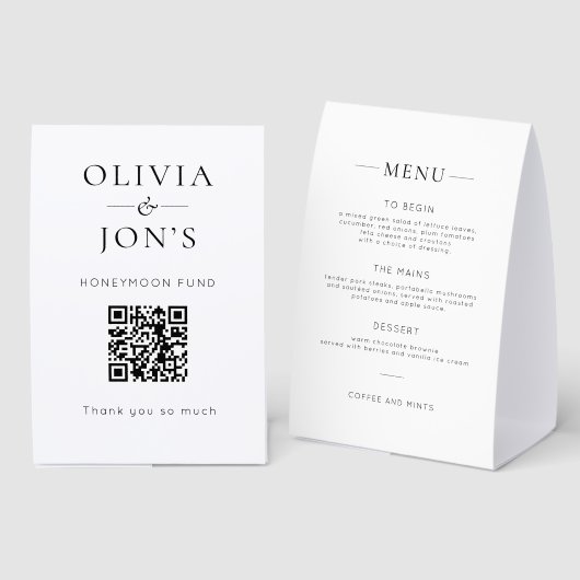 Plaque De Table Black White Honeymoon Fund and Menu Wedding  (Recto/verso)