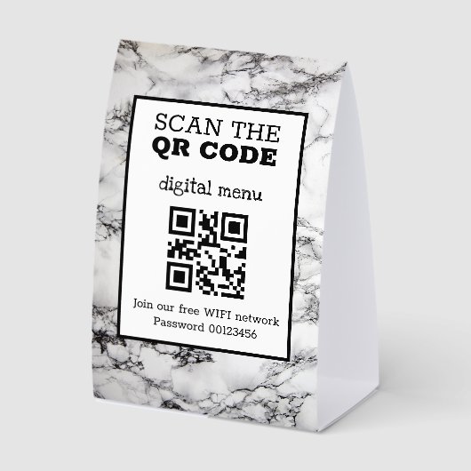 Plaque De Table Black & White Marble QR Code Digital Menu Paper (Recto)