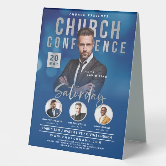 Plaque De Table Blue Bokeh Church Conference Service (Recto)