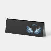 Plaque De Table Blue Glowing Angel Wings on black background (Verso)