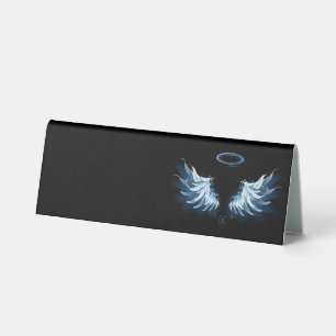 Plaque De Table Blue Glowing Angel Wings on black background