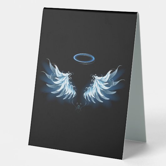 Plaque De Table Blue Glowing Angel Wings on black background (Recto)