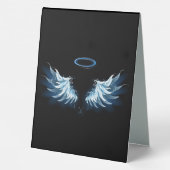 Plaque De Table Blue Glowing Angel Wings on black background (Verso)