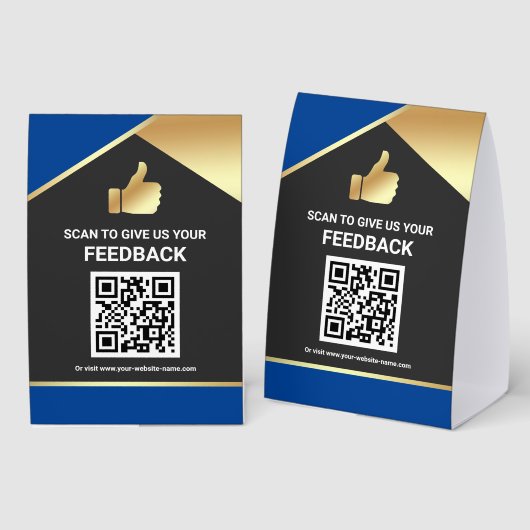 Plaque De Table Blue Gold QR Code Customer Feedback Review (Recto/verso)