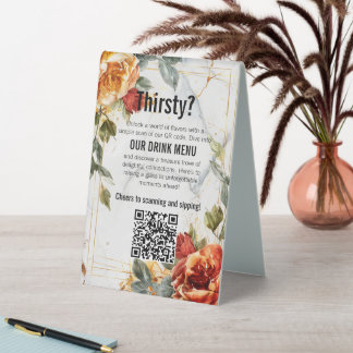 Plaque De Table Boissons QR + charmant texte Marble Dreams Orange 