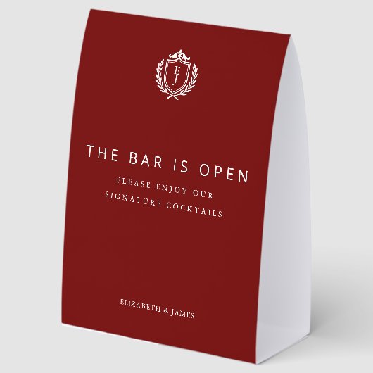 Plaque De Table Burgundy Crest Wedding Welcome, Custom Initials (Recto)