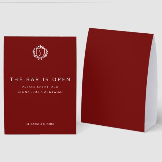 Plaque De Table Burgundy Crest Wedding Welcome, Custom Initials (Recto/Verso)