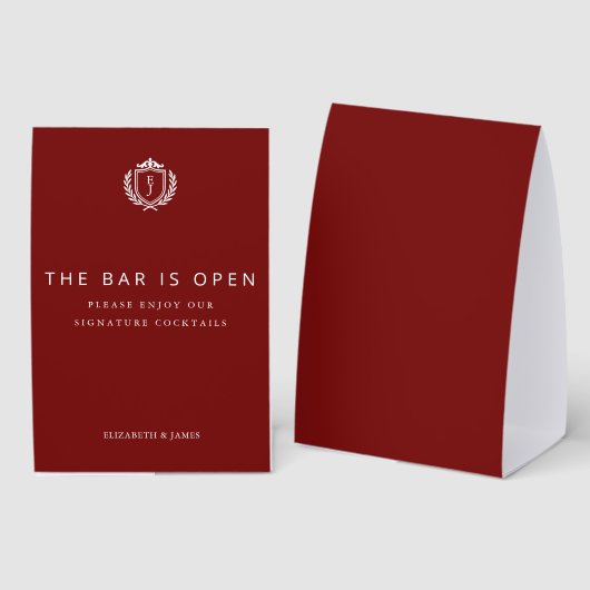 Plaque De Table Burgundy Crest Wedding Welcome, Custom Initials (Recto/verso)