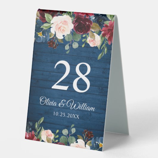 Plaque De Table Burgundy Navy Bleu Blush Floral Aquarelle Rustique (Recto)