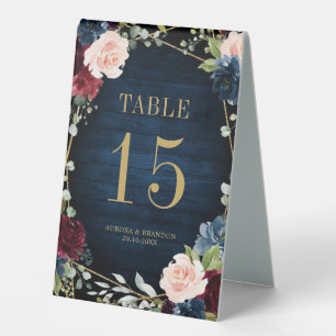 Plaque De Table Burgundy Navy Blush Floral Gold Numéro de la table