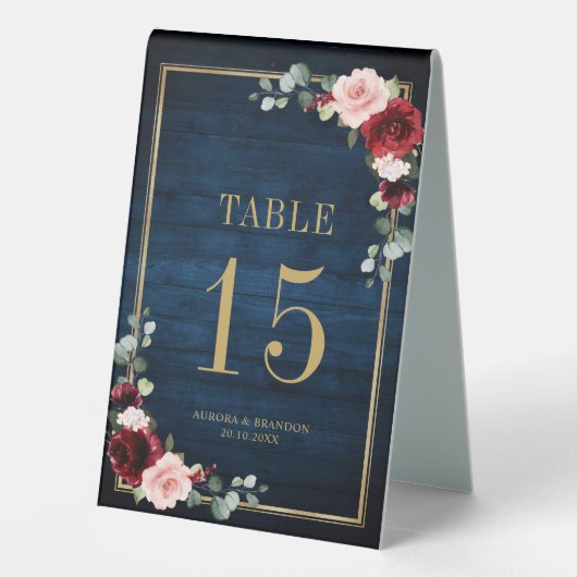 Plaque De Table Burgundy Navy Blush Floral Gold Tableau (Verso)